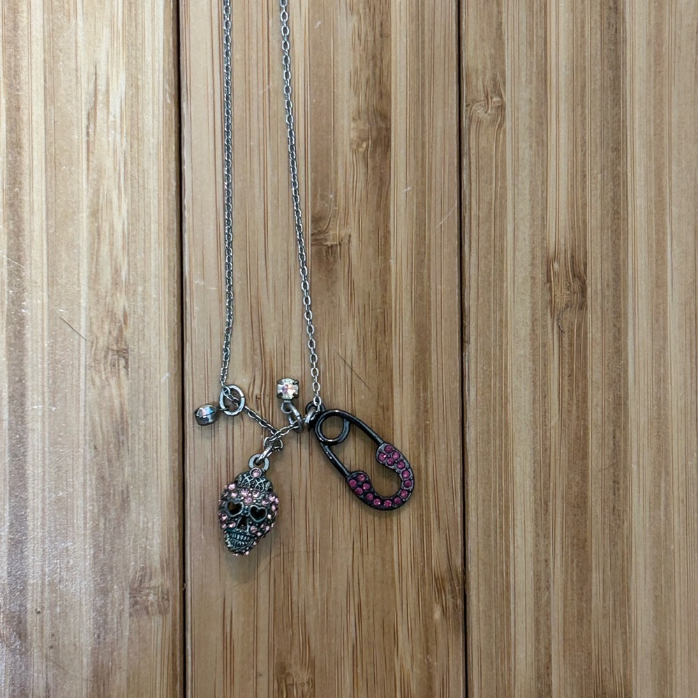 Silver and Pink Skull Pendant Necklace